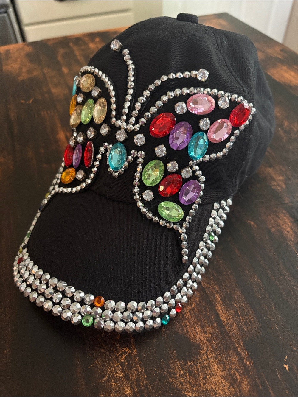 Black Butterfly Rhinestone Baseball Cap with Multicolor Gems